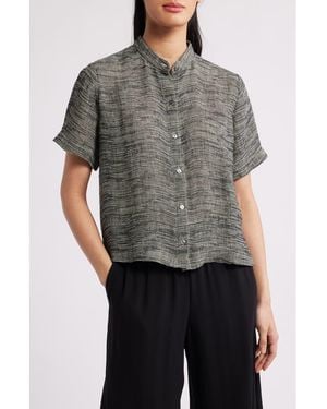 Eileen Fisher Short Sleeve Organic Linen Blend Button-Up Shirt - Gray