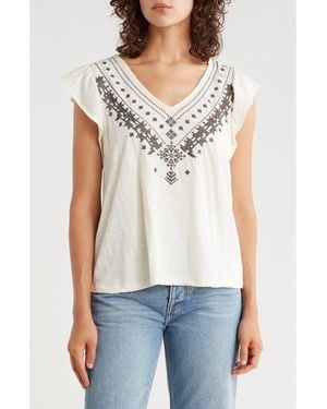 Lucky Brand Embroidered Flutter Sleeve Cotton Top - White