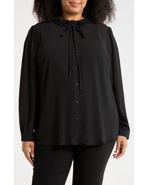 Adrianna Papell Flower Tie Neck Button-Up Shirt - Black