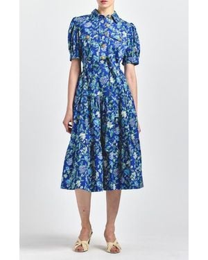 10 Crosby Derek Lam Buffy Floral Print Tie Waist Tiered Midi Dress - Blue