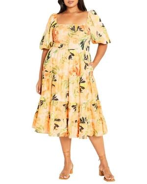 City Chic Ariella Puff Sleeve Dress - Yellow