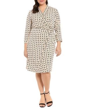 London Times Geometric Print Faux Wrap Dress - Natural