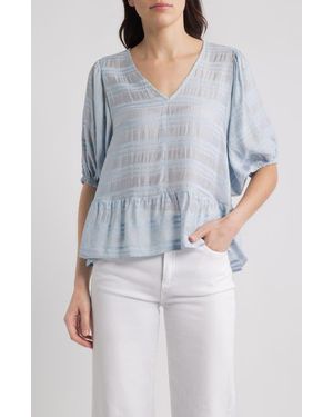 Bobeau Stripe Ruffle Hem Balloon Sleeve Top - Blue