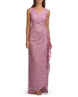 JS Collections Blakely Floral Embroidery Ruched Gown - Red