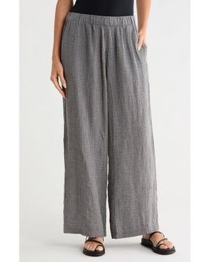 Eileen Fisher Gingham Wide Leg Organic Cotton Pants - Gray