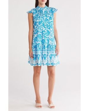Donna Ricco Ruffle Cap Sleeve Button Front Dress - Blue
