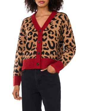 1.STATE Colorblock Trim Leopard Spot Cardigan - Red