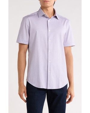 Bugatchi Plaid Stretch Cotton Short Sleeve Button-Up Shirt - Purple