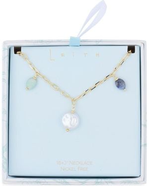 Leith Colored Stone Faux Pearl Charm Necklace - Blue