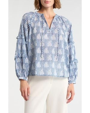 Tahari Tie Keyhole Long Sleeve Top - Blue