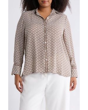 Max Studio Circle Stripe Long Sleeve Button-Up Shirt - Brown