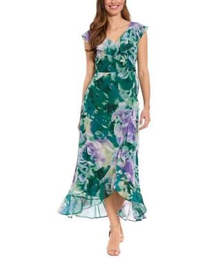 London Times Ruffle Cap Sleeve Faux Wrap Dress - Green