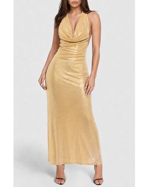 Bebe Plunge Metallic Halter Midi Dress - Natural