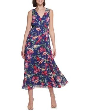 Kensie Flamingo Print Sleeveless Chiffon Maxi Dress - Blue