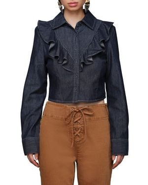 Avec Les Filles Ruffle Yoke Denim Button-Up Shirt - Blue
