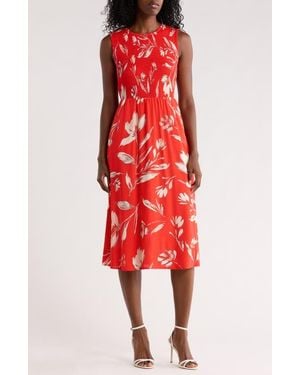 Calvin Klein Smocked Sleeveless Fit & Flare Midi Dress - Red