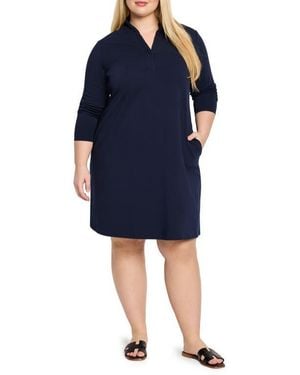 NIC+ZOE Ruffle Collar Long Sleeve A-Line Dress - Blue