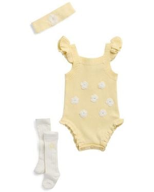Nicole Miller Ruffled Sweater Knit Romper, Headband & Socks Set - Metallic