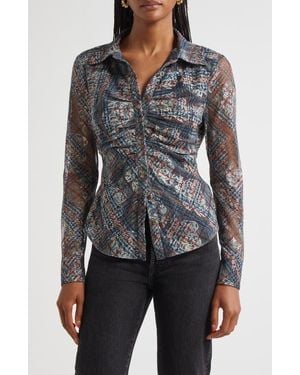 Ramy Brook Hamilton Ruched Mixed Plaid Button-Up Shirt - Gray