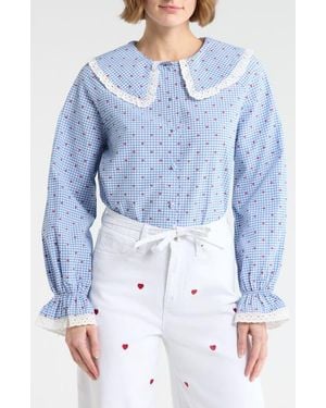 Vigoss Gingham Heart Print Long Sleeve Button-Up Top - Blue