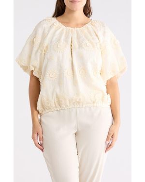 INDUSTRY REPUBLIC CLOTHING Floral Embroidered Puff Short Sleeve Blouse - Natural