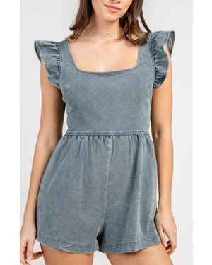 Beivy Ruffled Shoulder Denim Romper - Blue