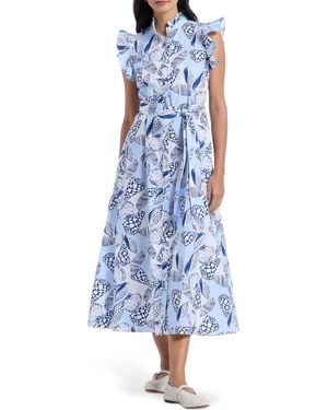 Robert Graham Sadie Shell Print Cap Sleeve Cotton Shirtdress - Blue