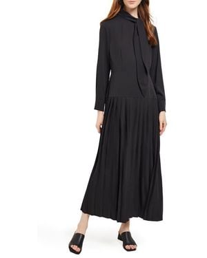 Misook Tie Neck Long Sleeve Pleated Maxi Dress - Black
