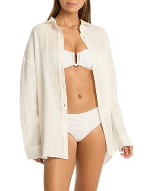 Sea Level Sunset Beach Oversize Cotton Cover-Up Shirt - White