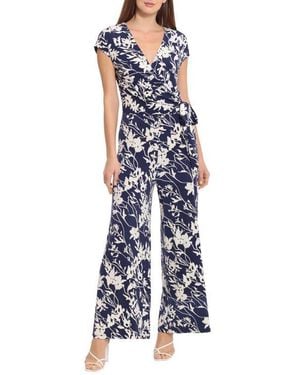 Maggy London Floral Cap Sleeve Wrap Tie Jumpsuit - Blue