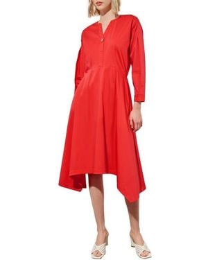 Ming Wang Long Sleeve Asymmetric Hem Cotton Blend Dress - Red
