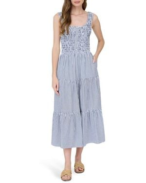AUGUST SKY Stripe Sleeveless Smocked Tiered Midi Dress - Blue