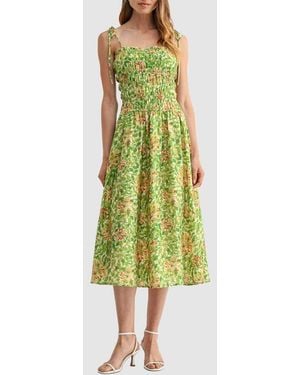 Lush Tie Shoulder Smocked Midi Dress - Green