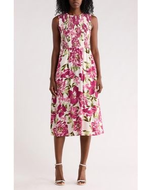 Calvin Klein Smocked Sleeveless Midi Dress - Red