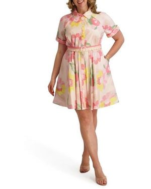 Kensie Floral Short Sleeve Taffeta Fit & Flare Shirtdress - Red