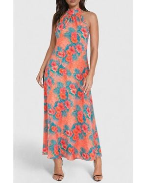 Bebe Printed Satin Mock Neck Maxi Dress - Red