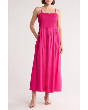 Halogen® Smocked Cotton Fit & Flare Midi Dress - Pink