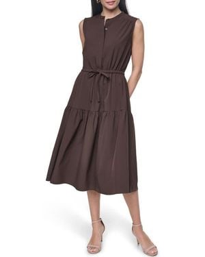 Calvin Klein Tiered Midi Dress With Tie Belt - Brown