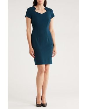 Connected Apparel Notched Neck Cap Sleeve Crepe Sheath Dress - Blue