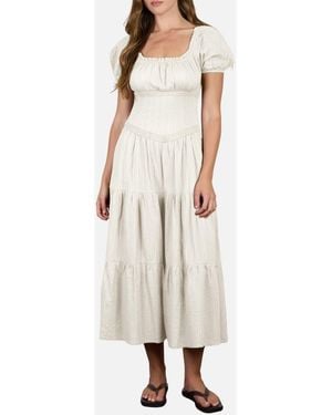 Blu Pepper Stripe Textured Puff Sleeve Tiered Midi Dress - Natural