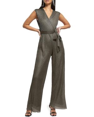 River Island Metallic Straight Leg Plissé Jumpsuit - Multicolor