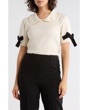 Adrianna Papell Ruffle Peter Pan Collar Short Sleeve Sweater - Natural