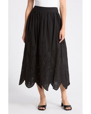 Tahari Embroidered Eyelet Cotton Skirt - Black