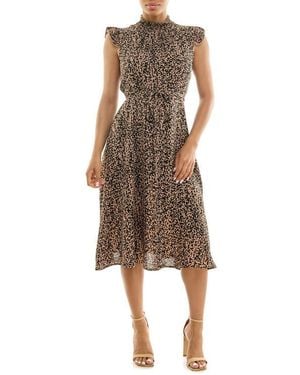 Nina Leonard Smocked Neck Tie Waist Midi Dress - Natural