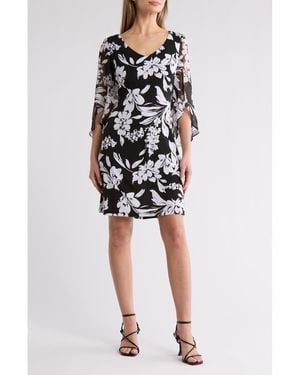 Connected Apparel Floral Chiffon Sleeve A-Line Dress - Black