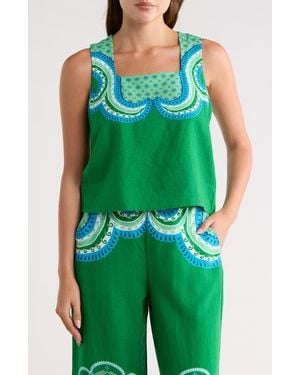 Tahari Linen Blend Print Top - Green