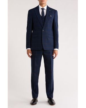 ZEGARIE Glen Plaid Double Breasted 3-Piece Suit - Blue