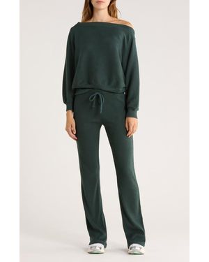 Abound Hacci One-Shoulder Top & Flared Pants Set - Green