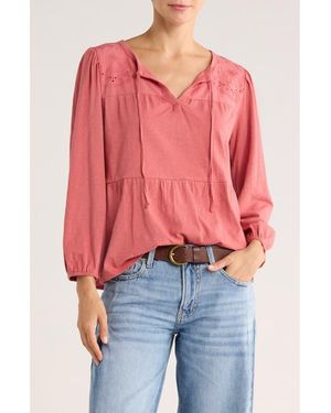 Lucky Brand Long Sleeve Cotton Babydoll Top - Pink