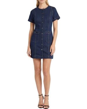 Maggy London Short Sleeve Button Front Denim Sheath Dress - Blue